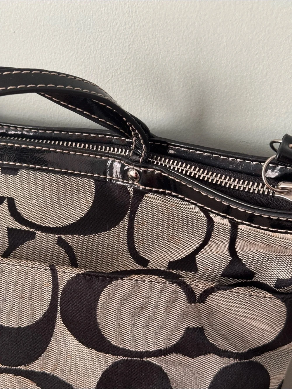VTG Y2K Coach Signature Stripe Tote Black-On-Gray Monogram Jacquard Shoulder Bag